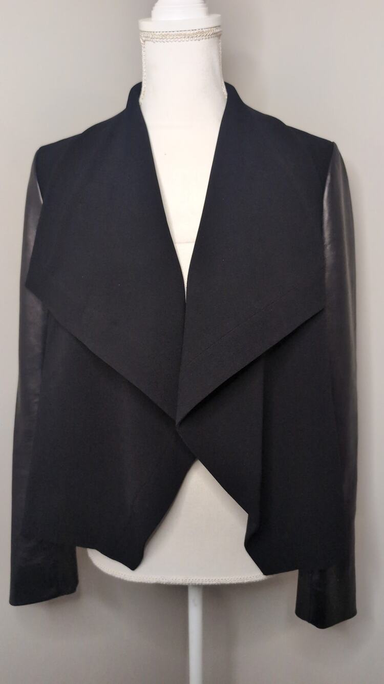 DVF Leather Sleeve Draped Jacket Size 6 Black Chic Designer